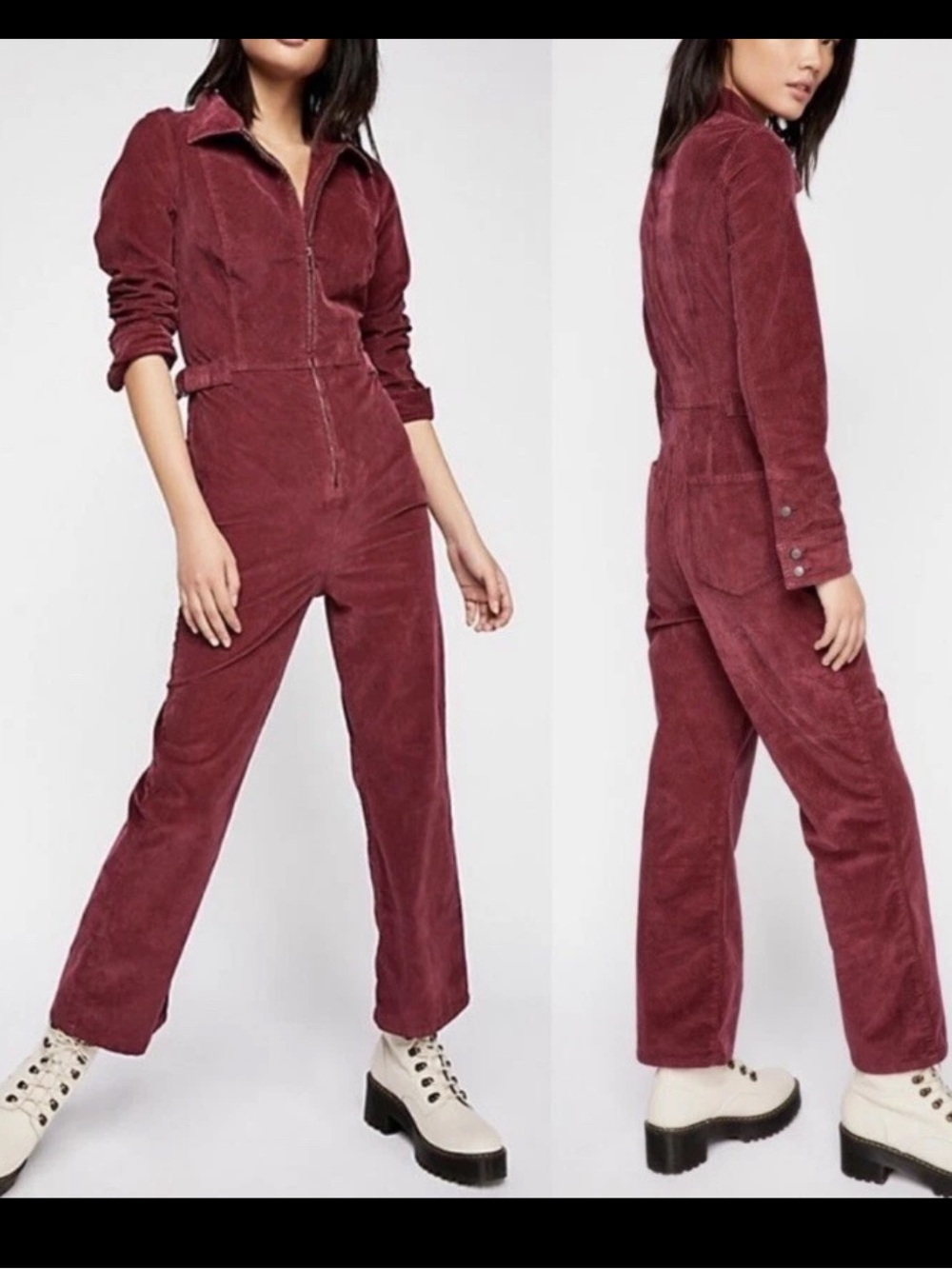 Free People Jumpsuit Take Me Out Corduroy Zip-Front Burgundy Wine D-ring belt 4